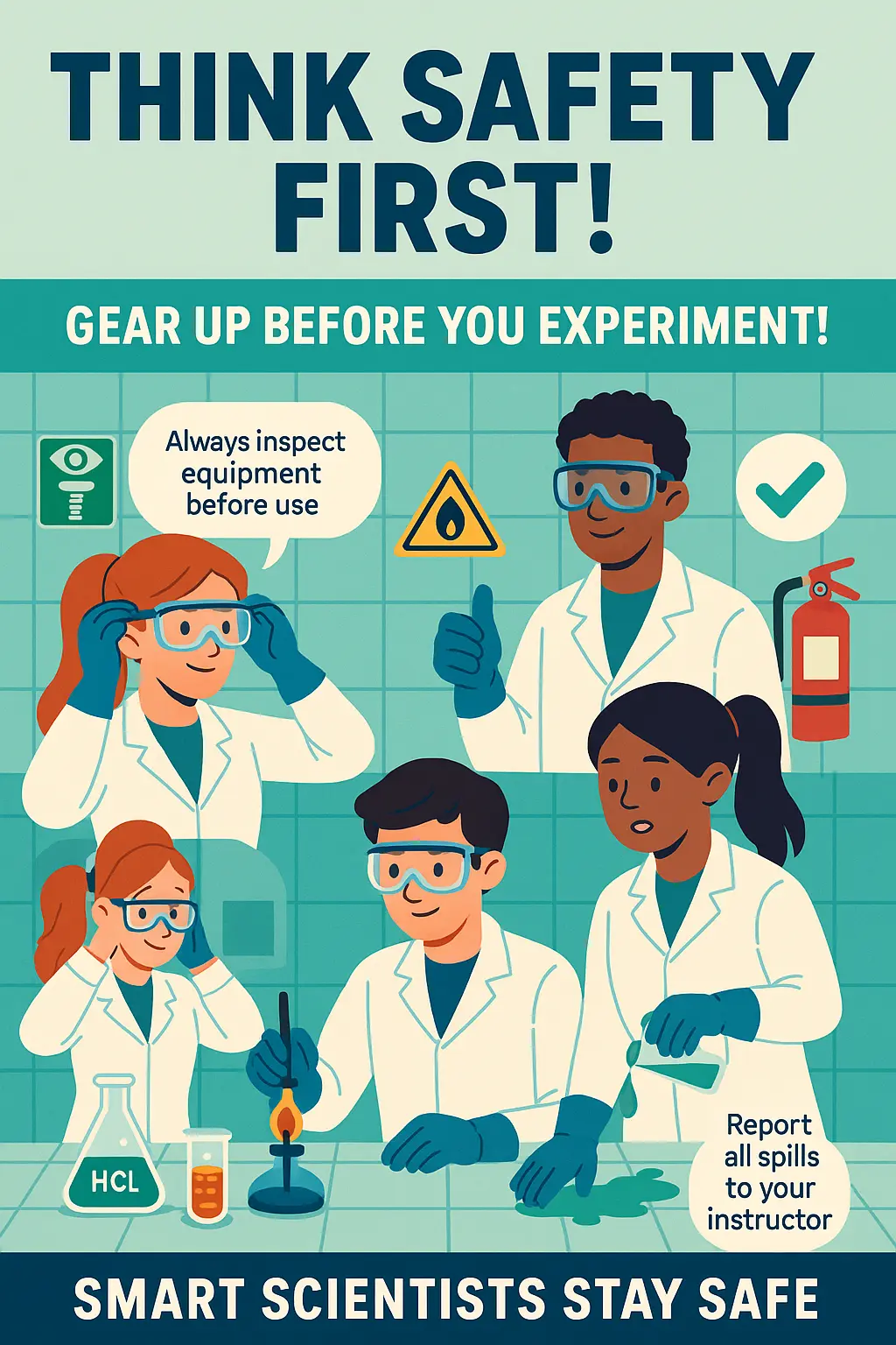 Lab Safety Poster template with PPE tips and cartoon students