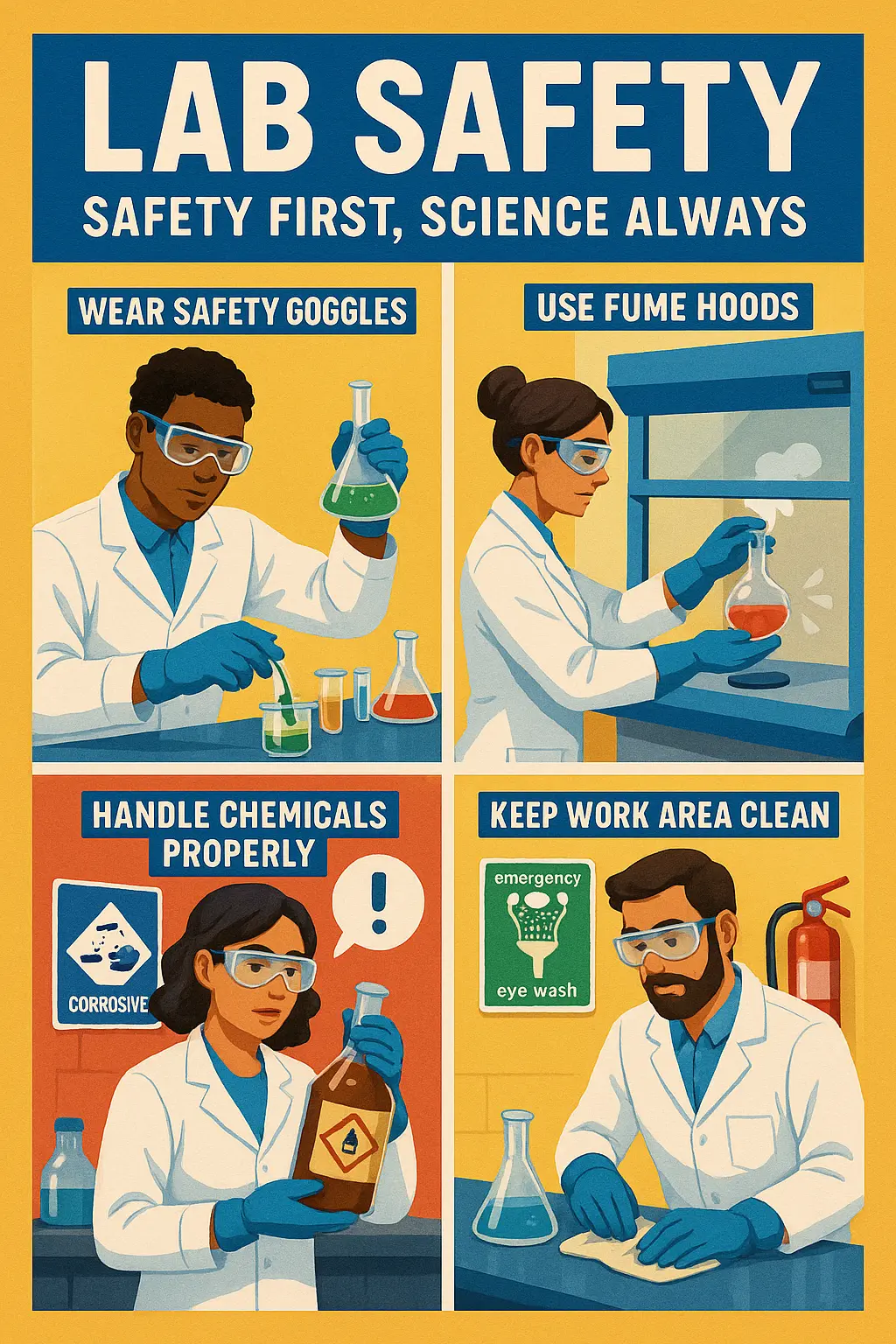 Lab Safety Poster template with scientists demonstrating safe practices