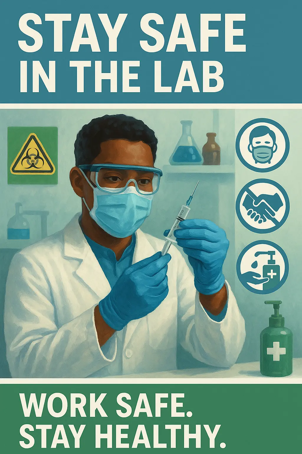Lab Safety Poster template with healthcare professional using safety gear