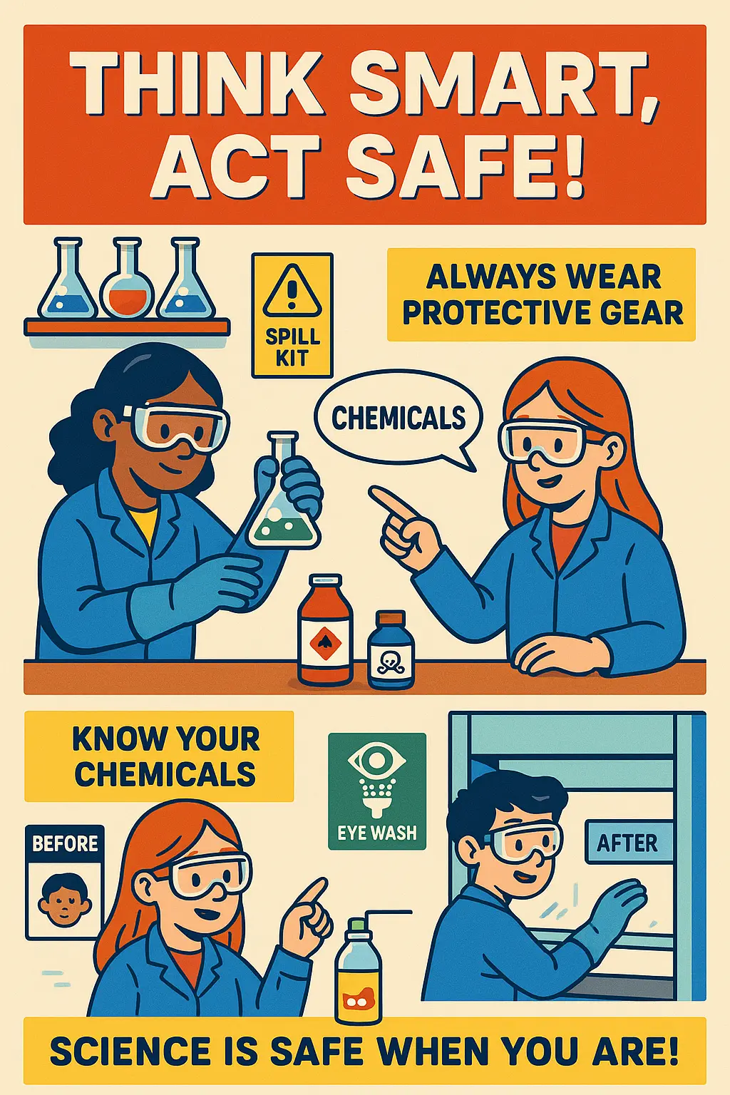 Colorful Lab Safety Poster template with students using lab gear