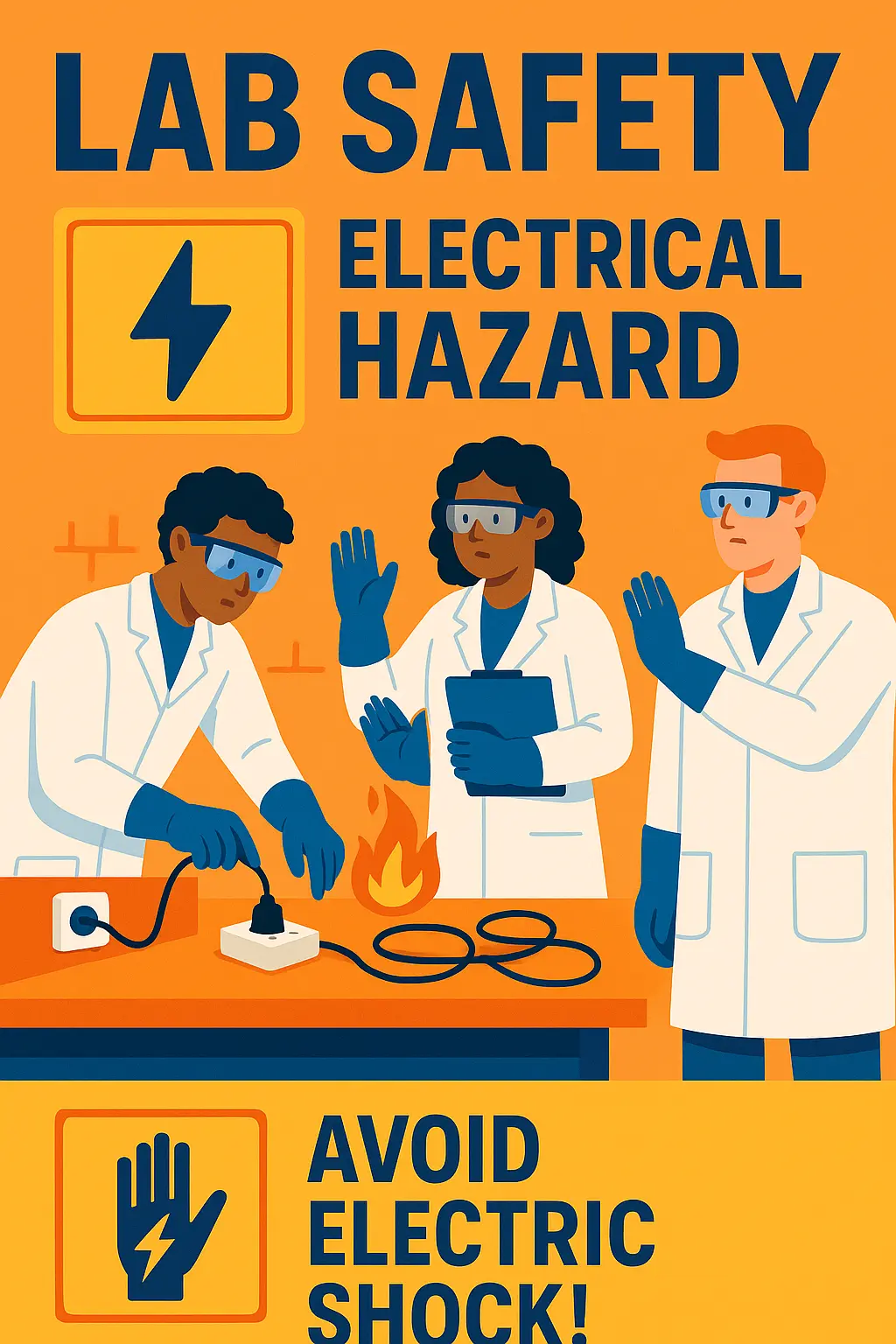 Lab Safety Poster template showing electrical hazard precautions with diverse professionals.
