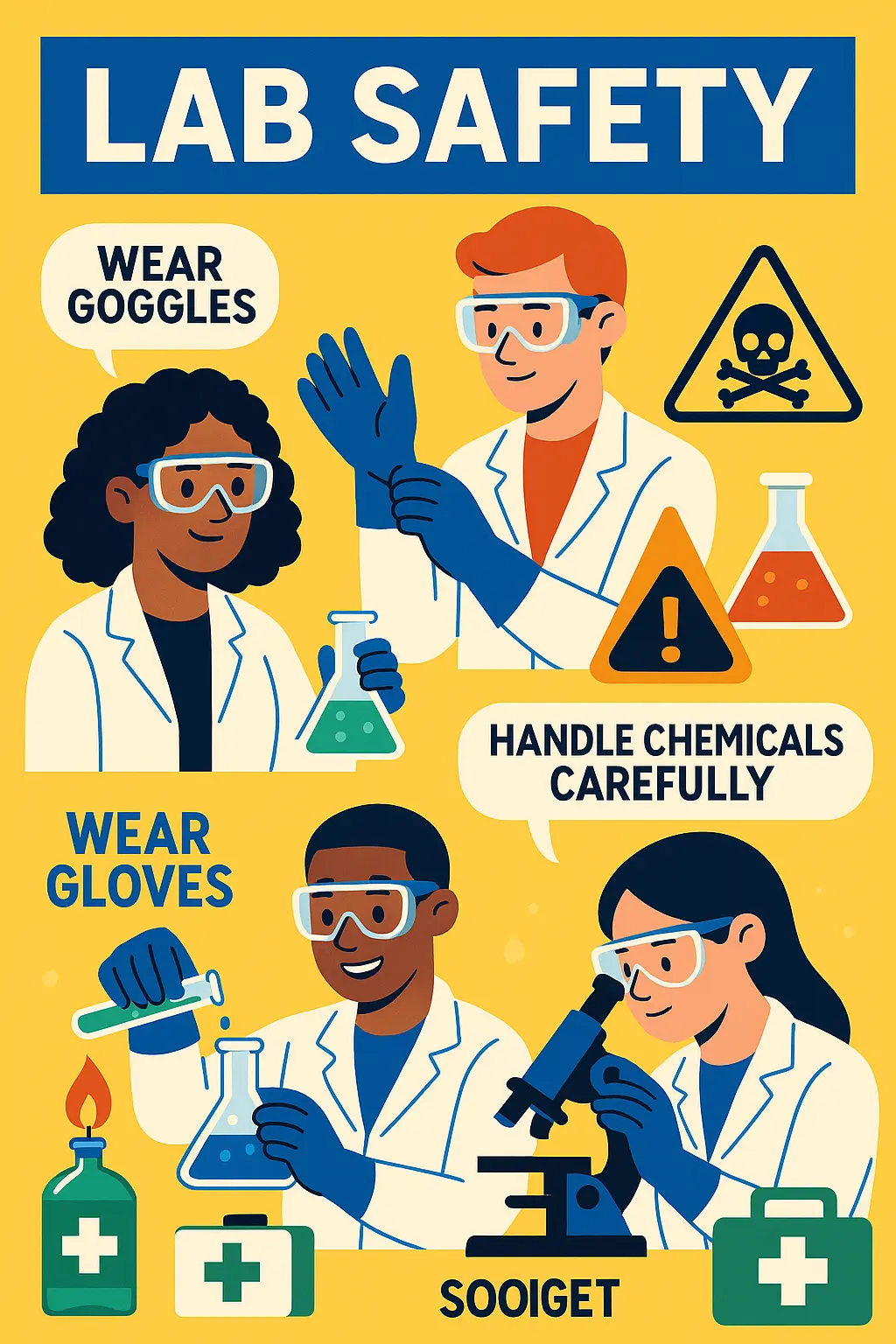 Lab Safety Poster template featuring students using safety equipment and lab practices