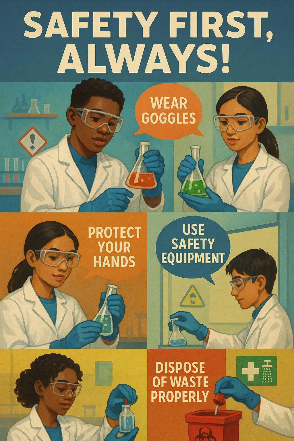 Lab Safety Poster template showing students using protective gear in a laboratory.