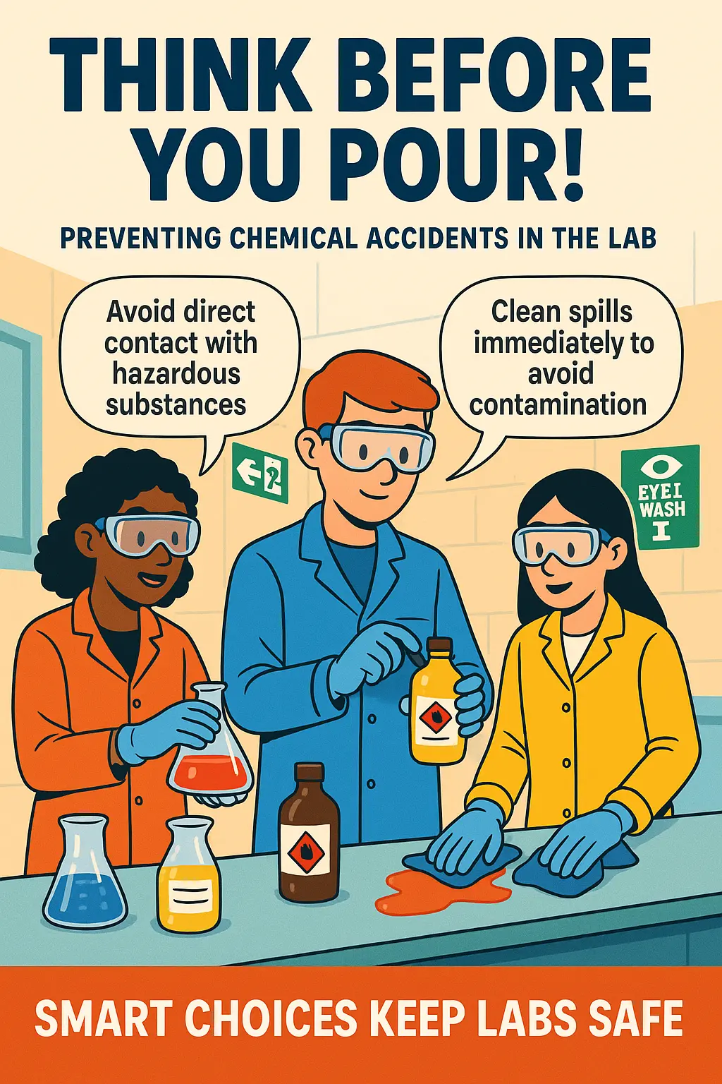 Lab Safety Poster template showing students practicing chemical safety