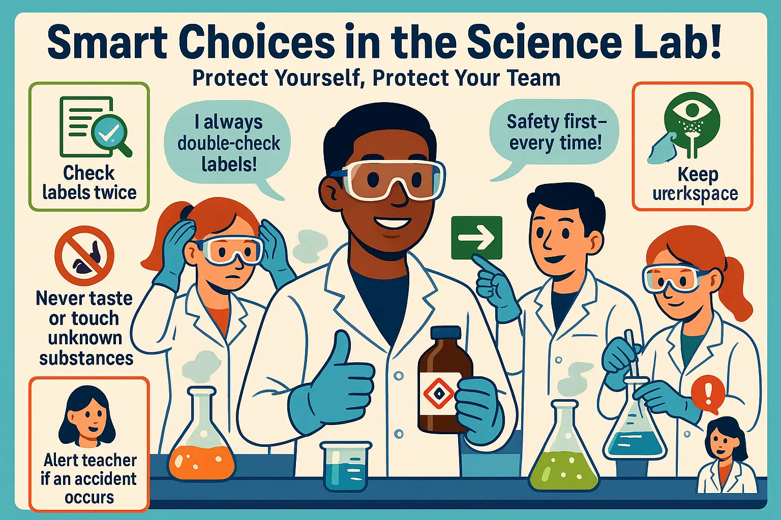 Lab Safety Poster template with diverse students practicing safe lab behaviors