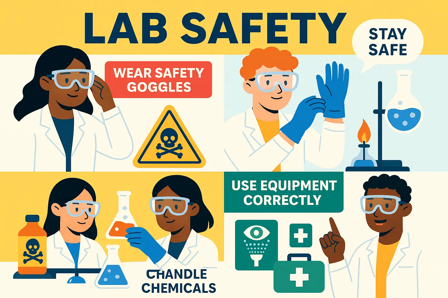 Lab Safety Poster template showing students using protective gear in a laboratory.