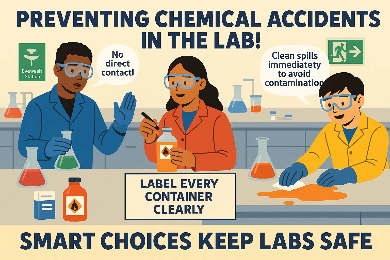 Bright Lab Safety Poster template with cartoon students using PPE