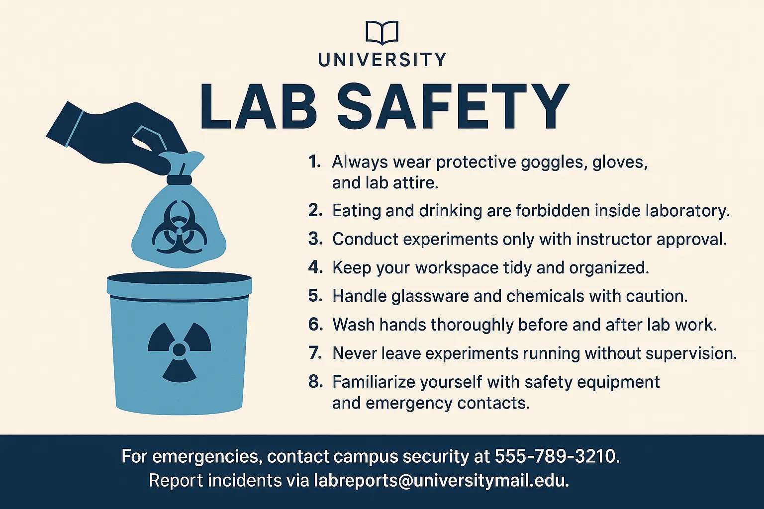 Bold vector Lab Safety Poster template with student cartoon figures