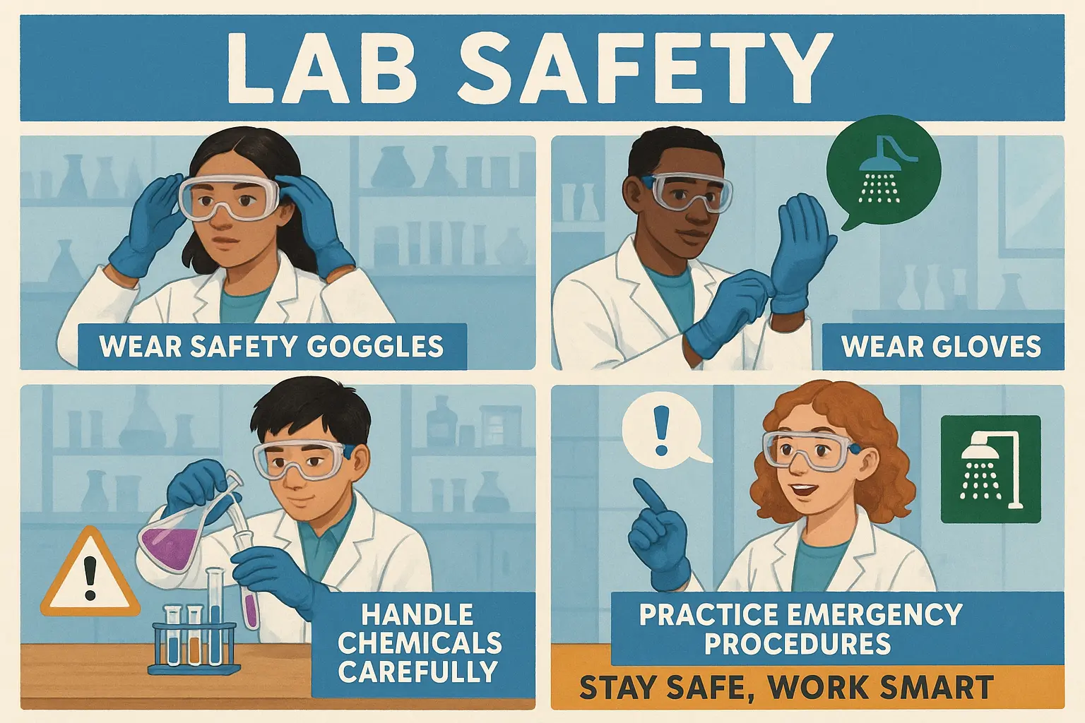 Lab Safety Poster template featuring forensic investigation safety with diverse scientists handling blood samples.