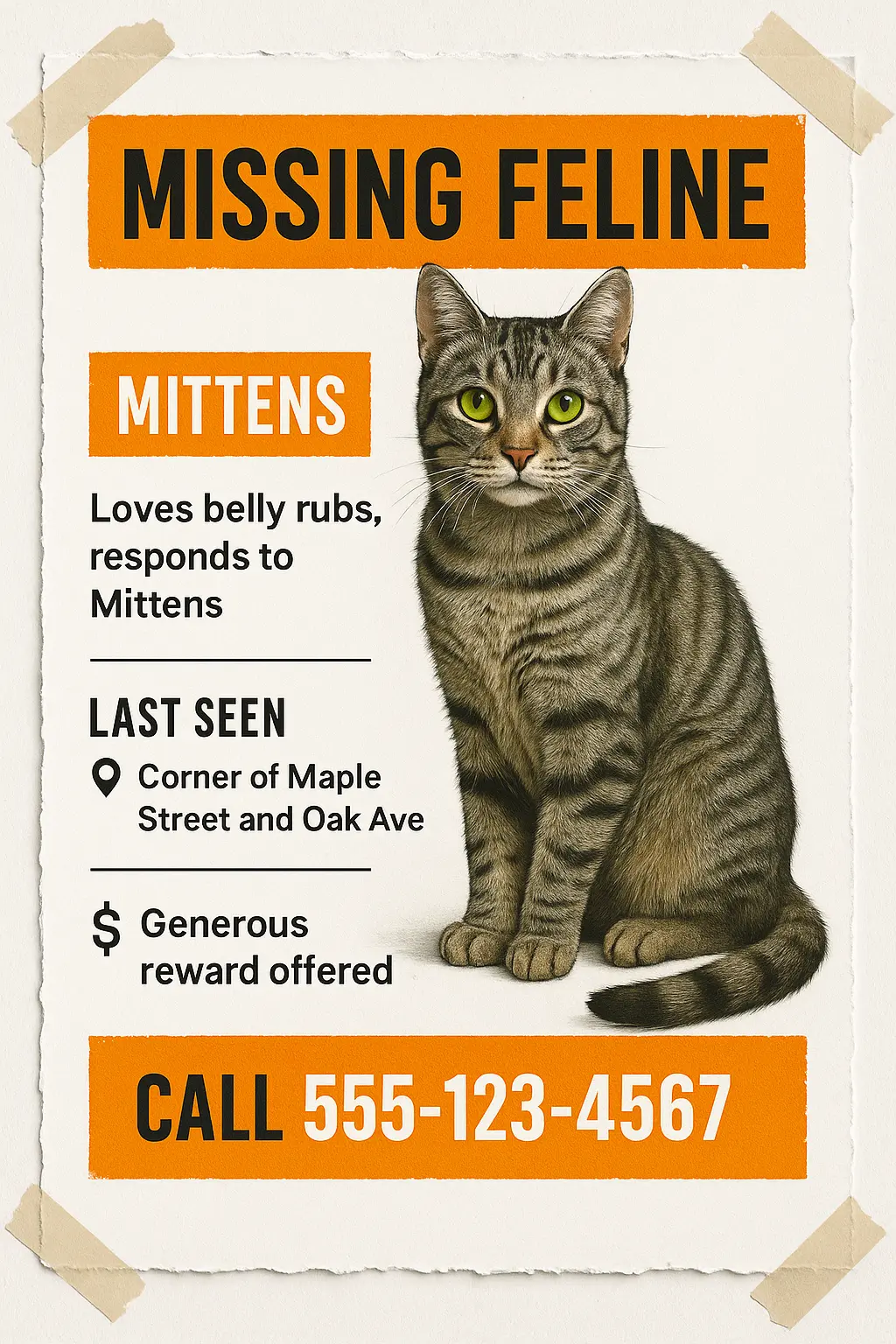 Lost Cat Poster template with a grey tabby cat, bright green eyes, and text highlighting reward and contact info.