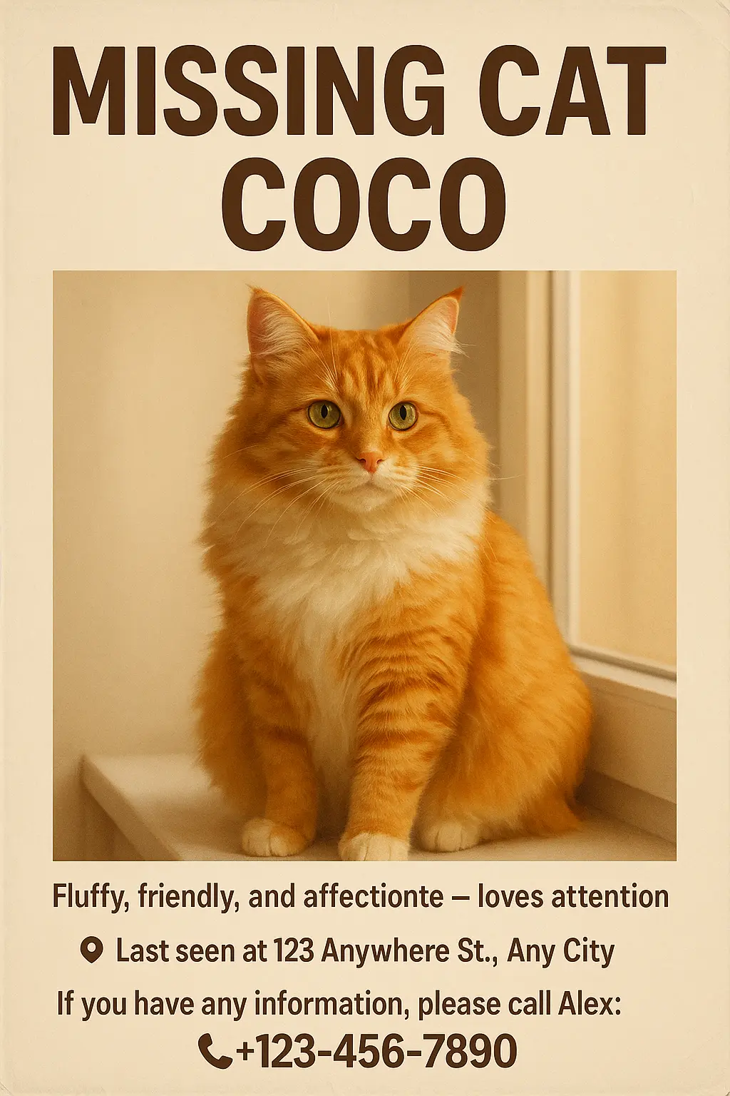 Lost Cat Poster template featuring orange and white cat with green eyes