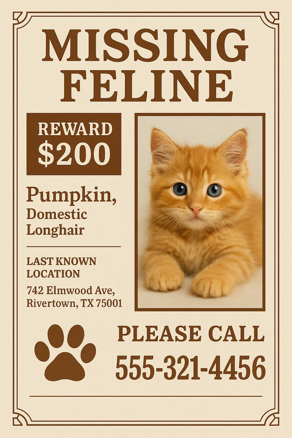 Vintage-style Lost Cat Poster template with orange kitten and reward