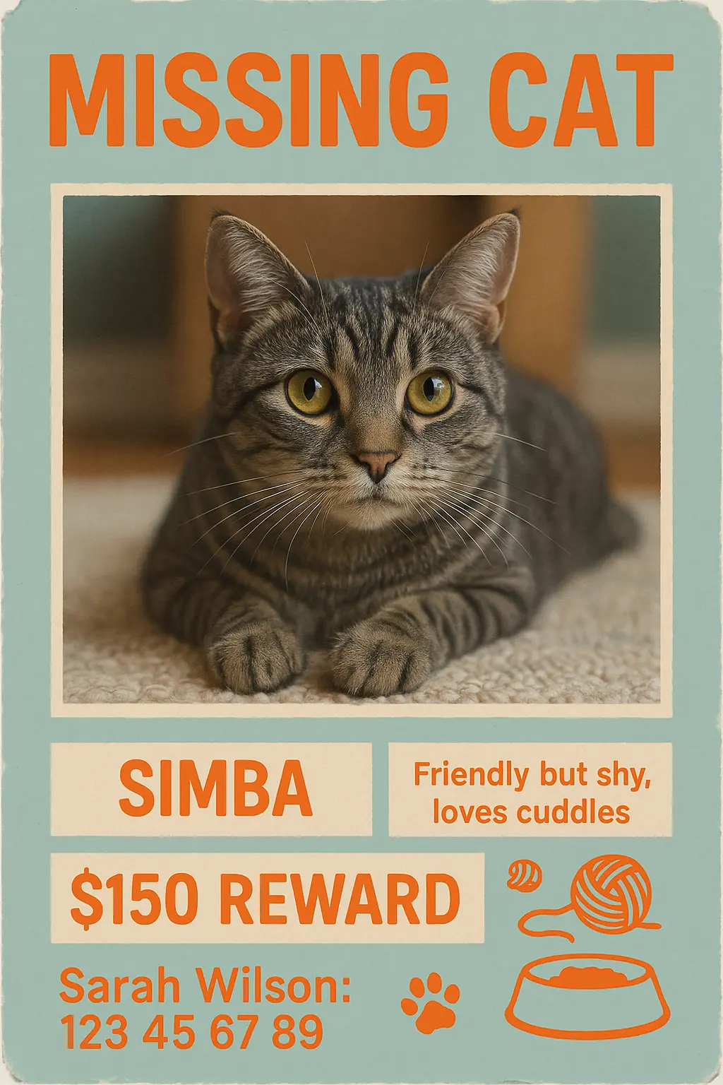 Lost Cat Poster template featuring gray tabby Simba with a reward offer