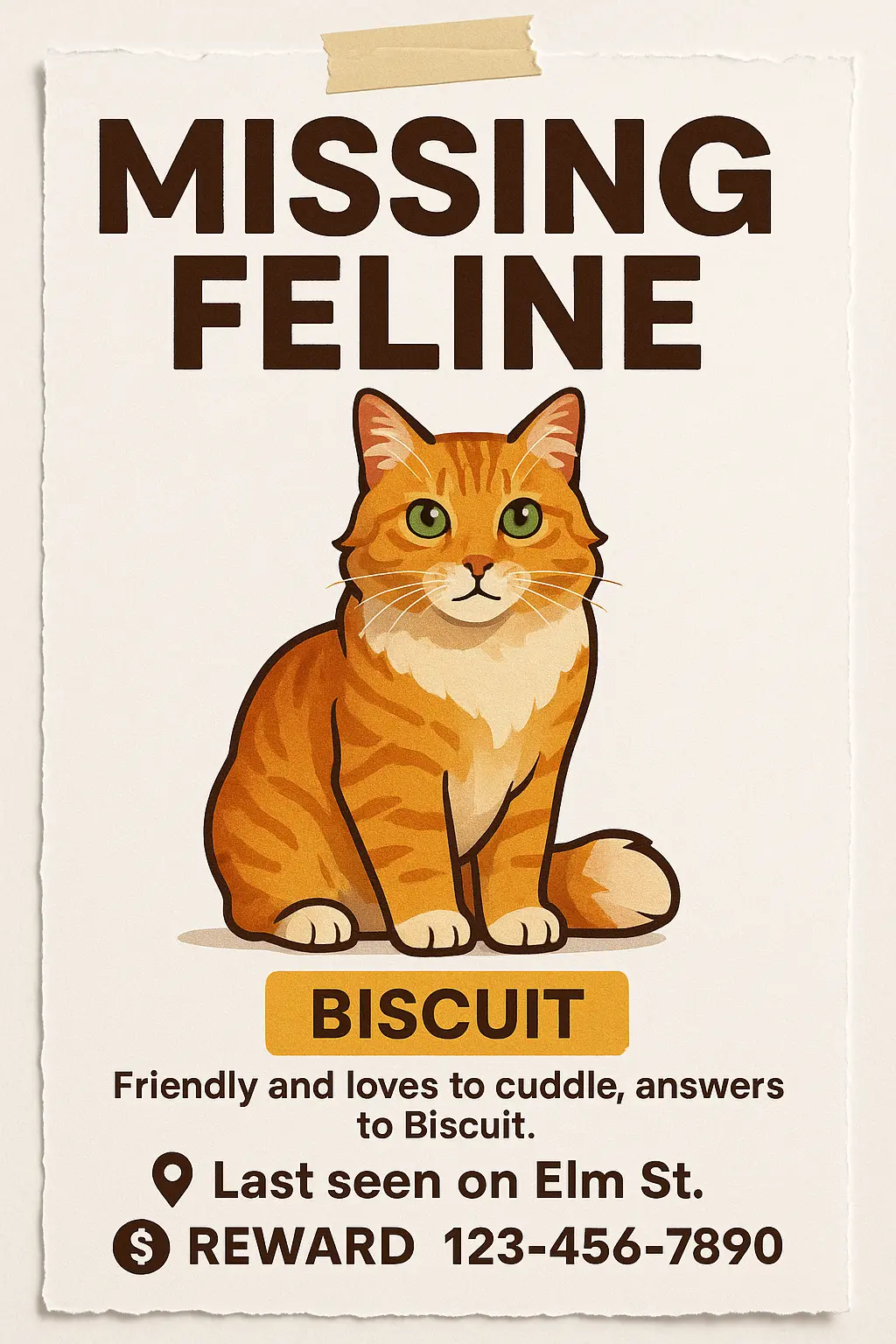 Lost Cat Poster template with an orange tabby cat illustration