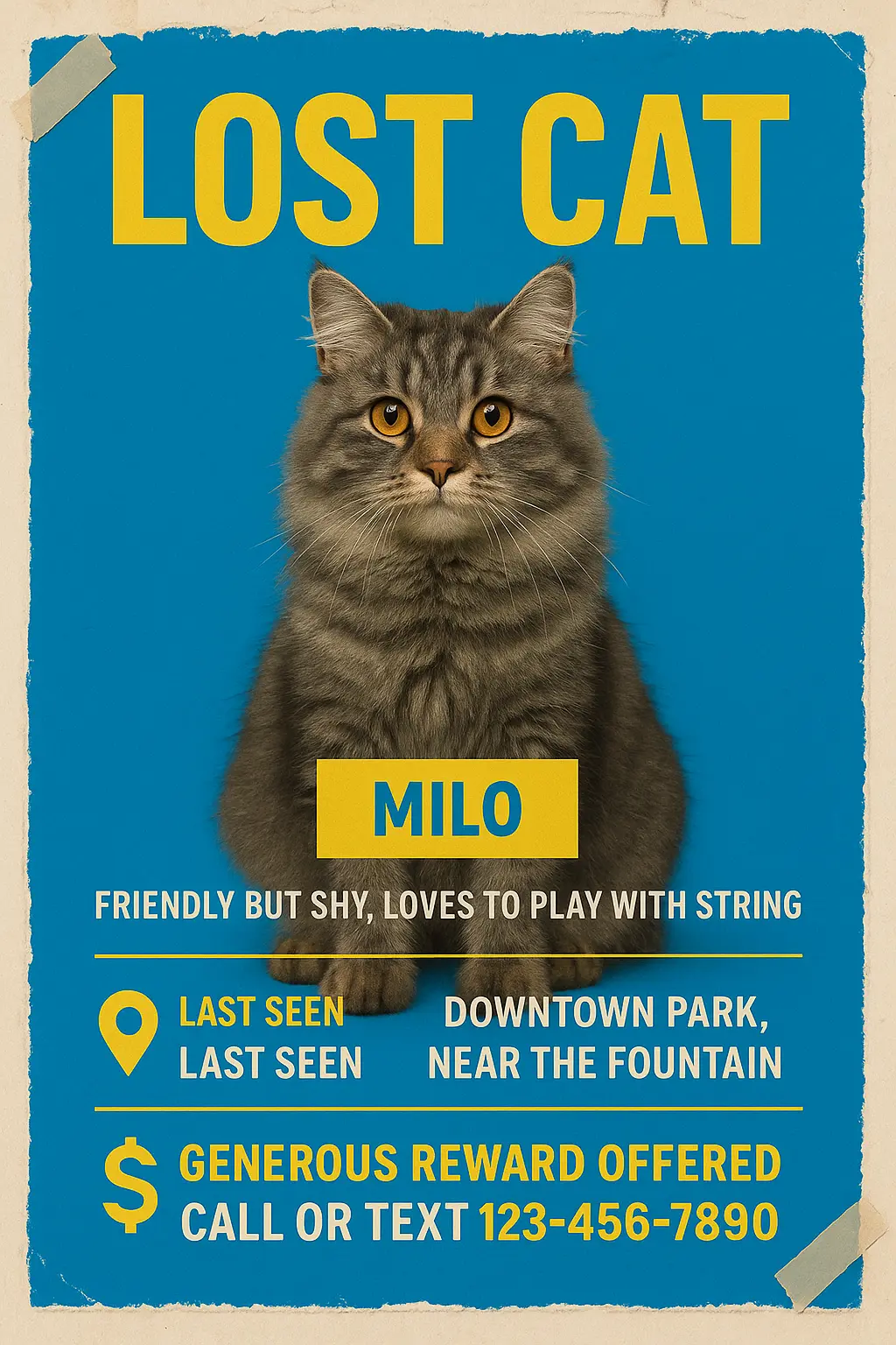 Lost Cat Poster template featuring a gray tabby with amber eyes, bold text, and reward details