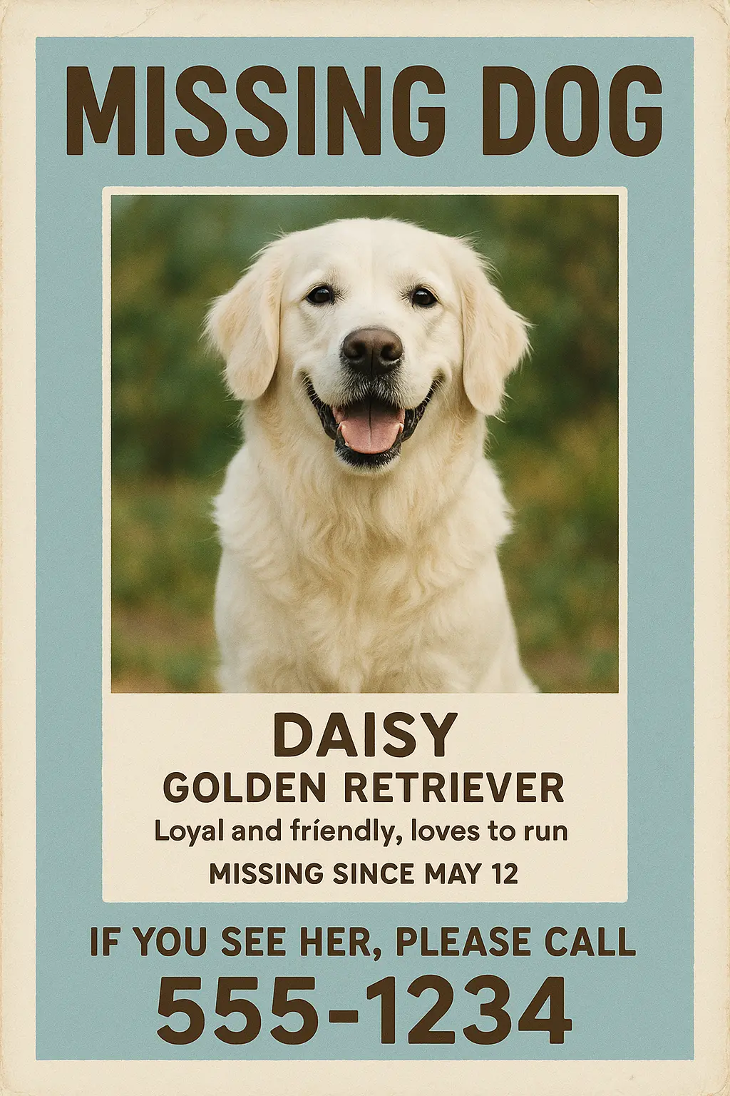Lost Dog Poster template featuring a Golden Retriever with a big smile