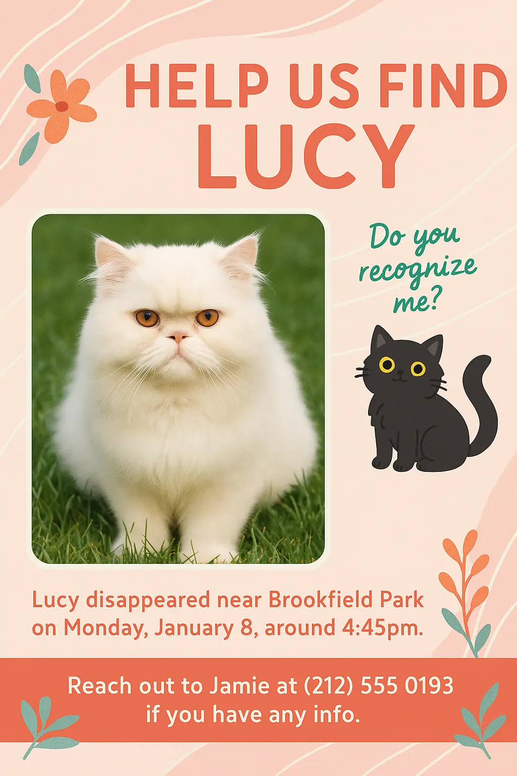 Lost Cat Poster template with white Persian cat and floral pink background