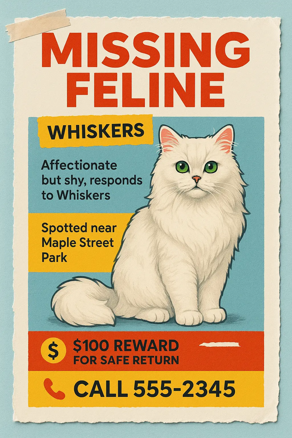 Lost Cat Poster template featuring a white Persian cat with green eyes