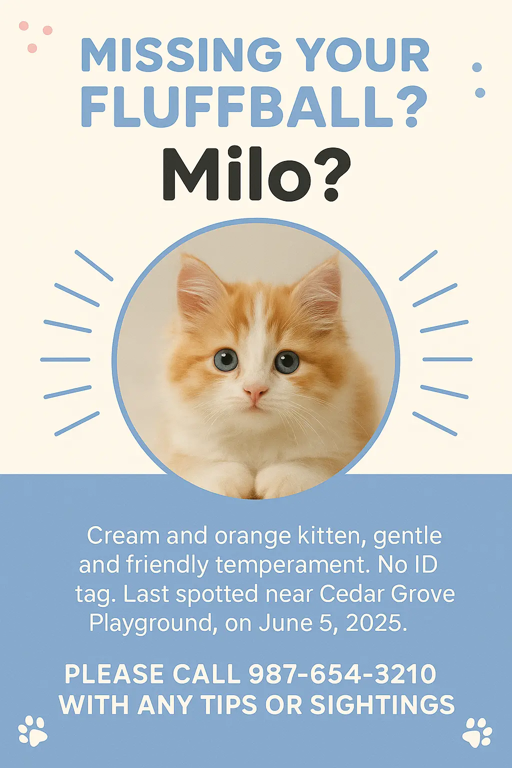 Lost Cat Poster template with orange and white kitten and bold headline