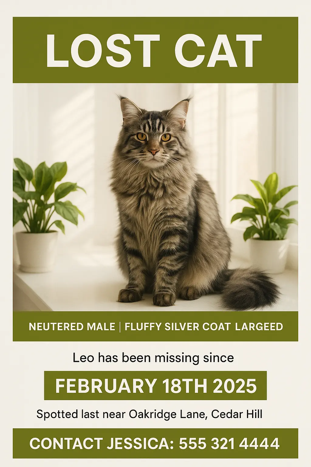 Lost Cat Poster template with silver Maine Coon and green accents