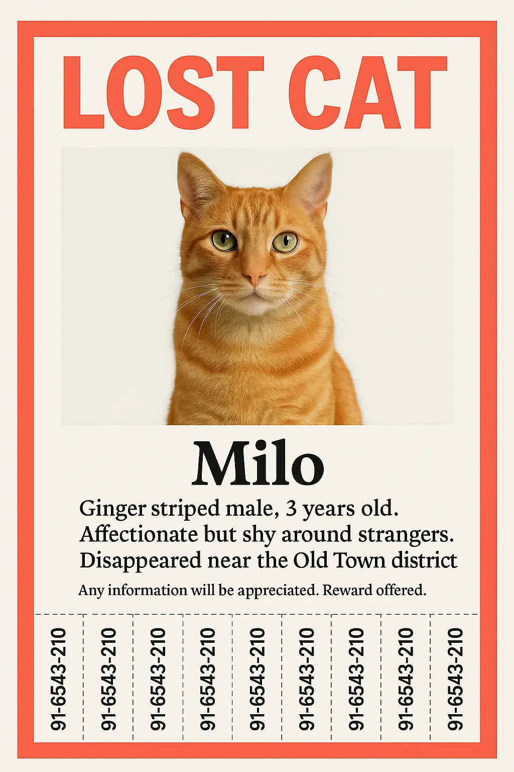 Lost Cat Poster template with ginger tabby and tear-off tabs