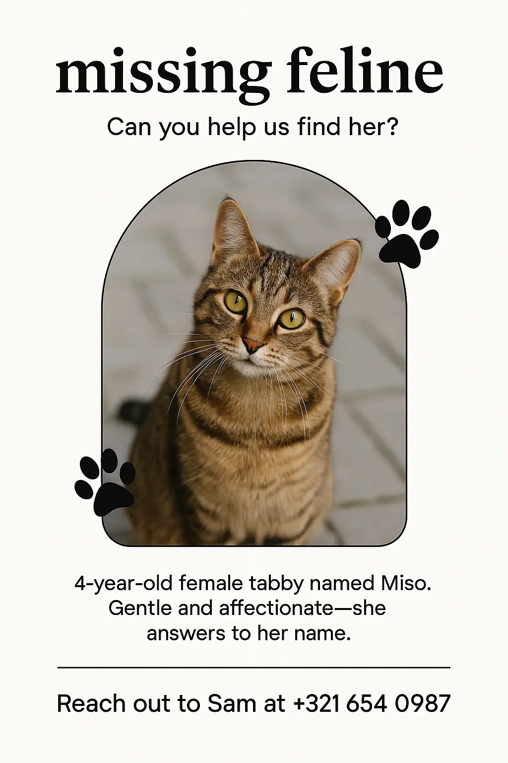 Lost Cat Poster template featuring brown tabby cat with tilted head