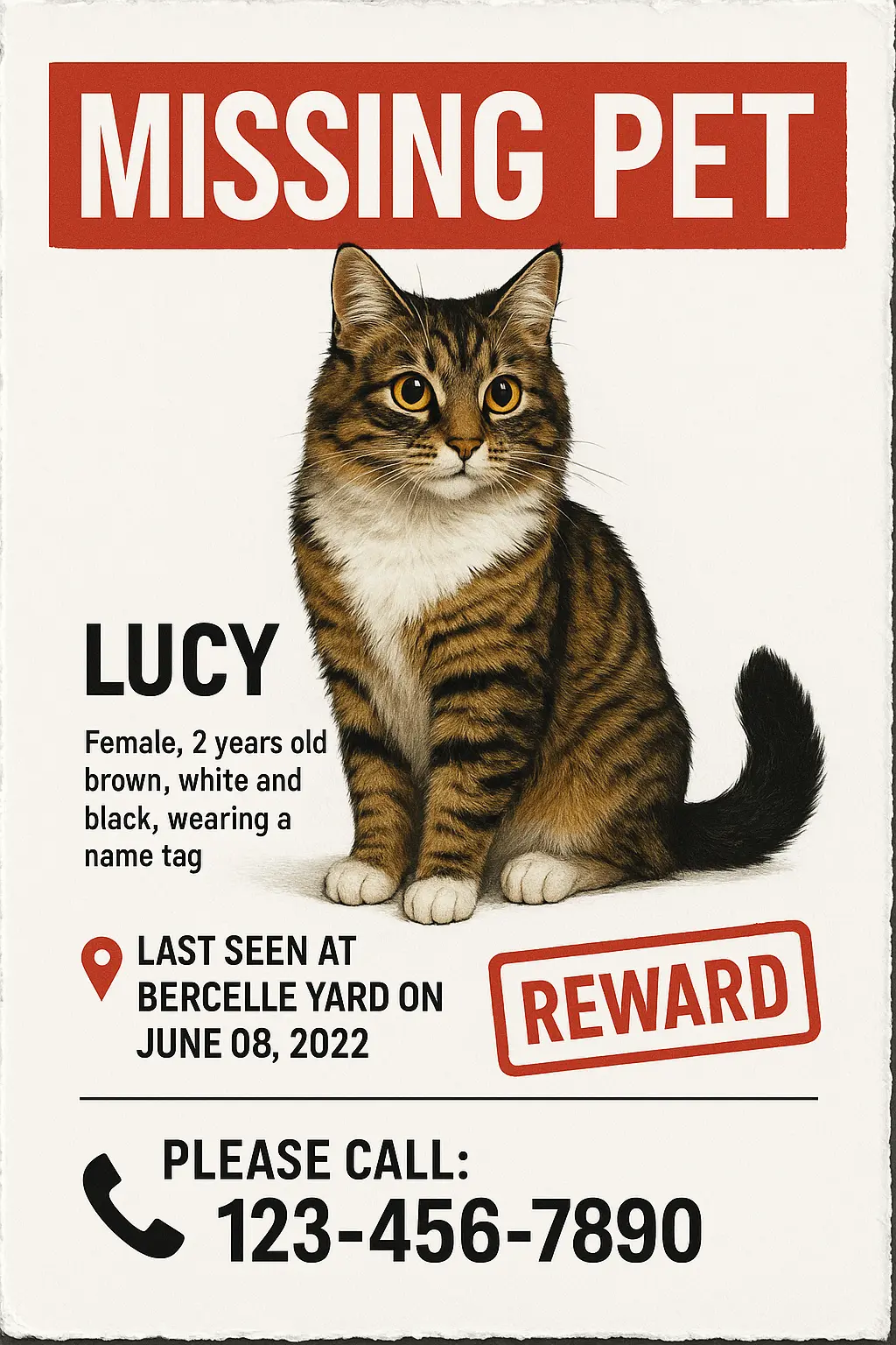 Lost Cat Poster template featuring a fluffy brown tabby with black tail
