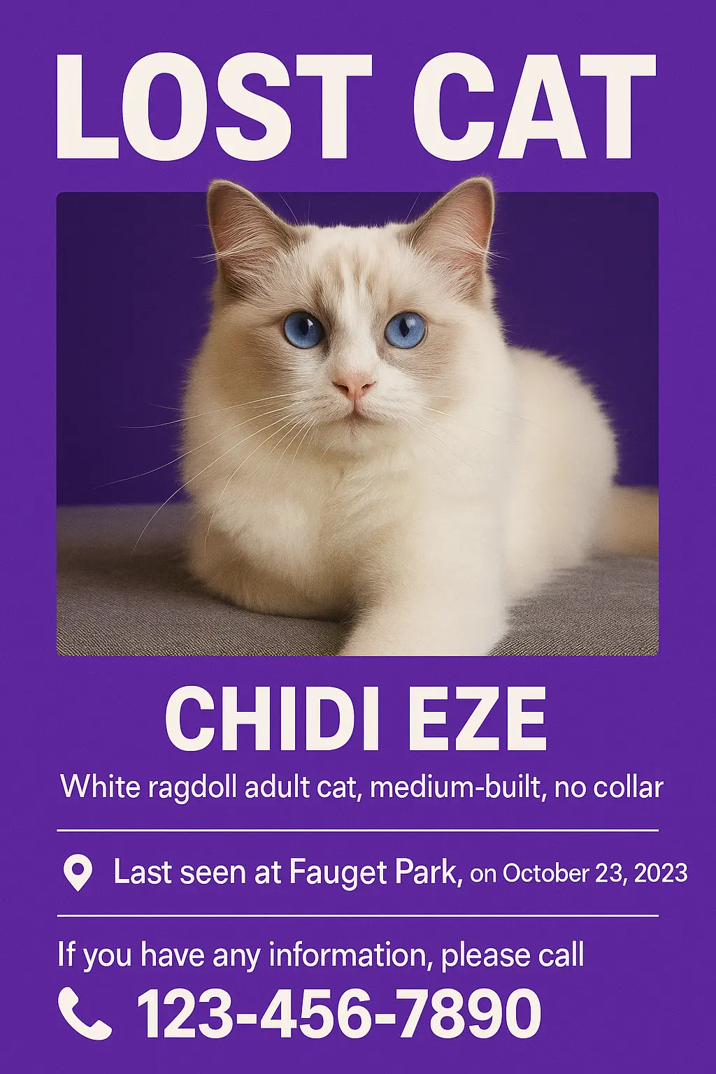 Lost Cat Poster template featuring a white ragdoll cat on purple background