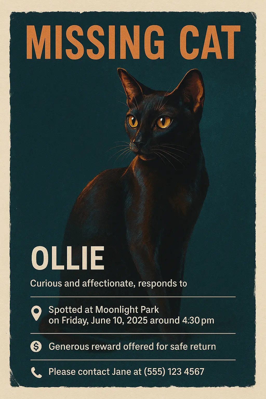 Lost Cat Poster template featuring Havana Brown cat, teal background, and contact details