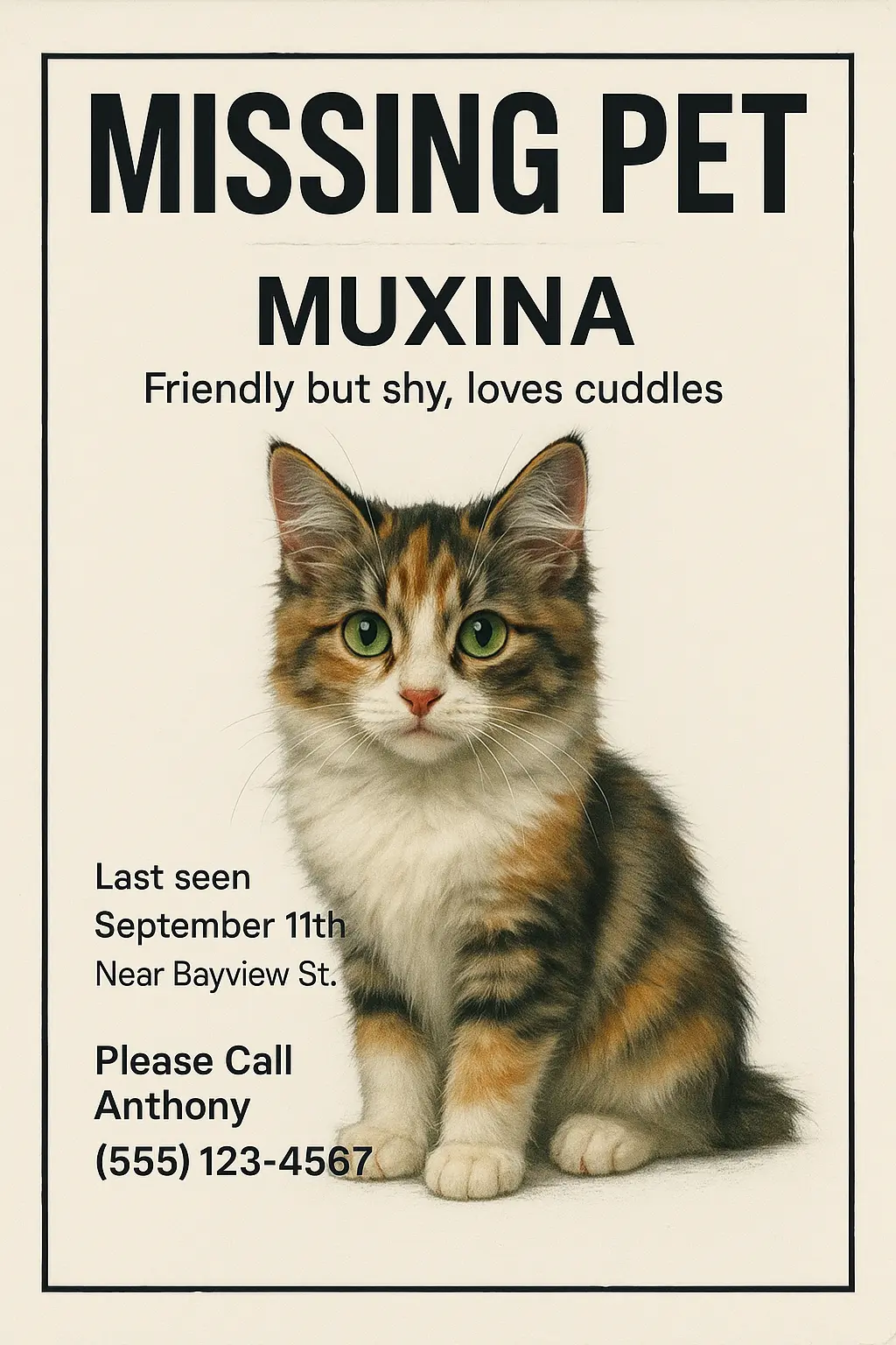 Lost Cat Poster template with tricolor kitten, green eyes, and urgent contact info.
