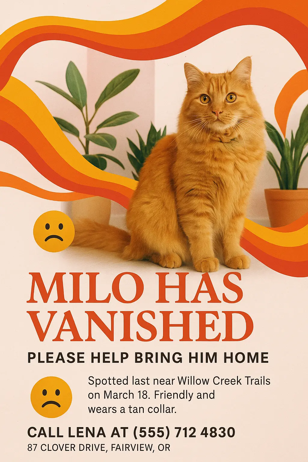 Lost Cat Poster template with pink swirls and orange tabby cat