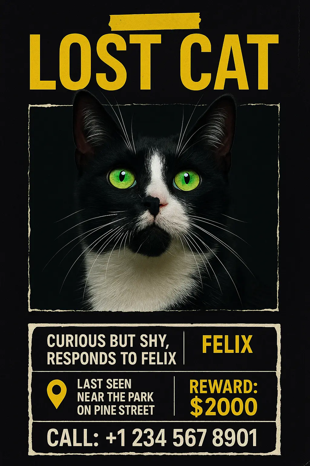 Lost Cat Poster template with black and white cat, reward details