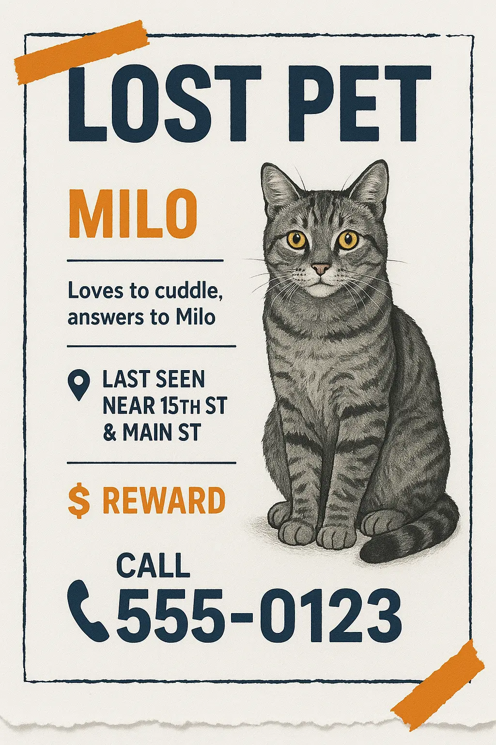 Lost Cat Poster template featuring a grey tabby cat and urgent text.