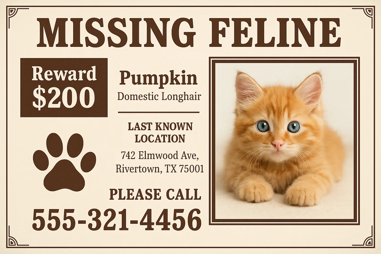 Lost Cat Poster template featuring a black cat with yellow eyes