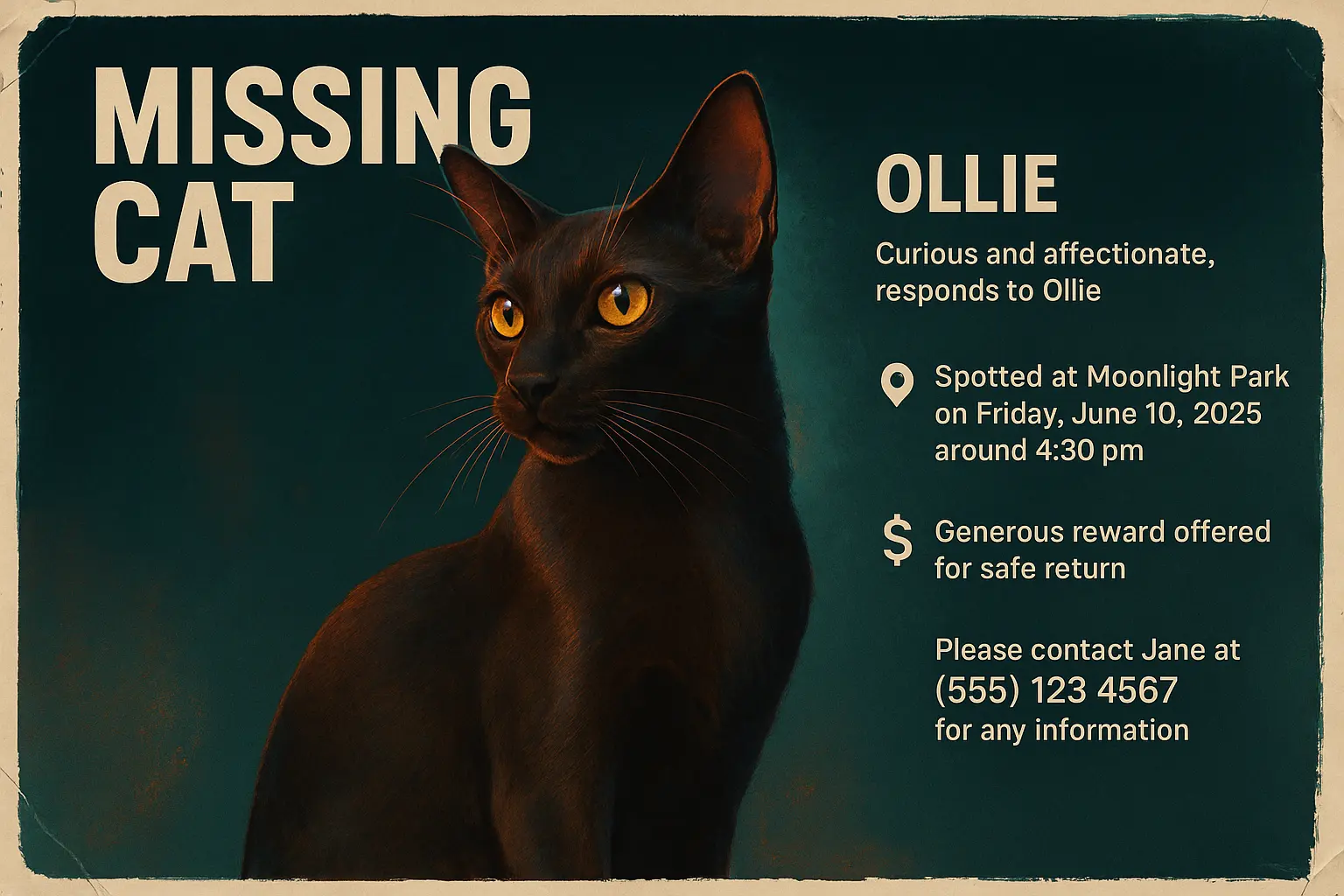 Lost Cat Poster template with tricolor kitten, green eyes, and urgent contact info.