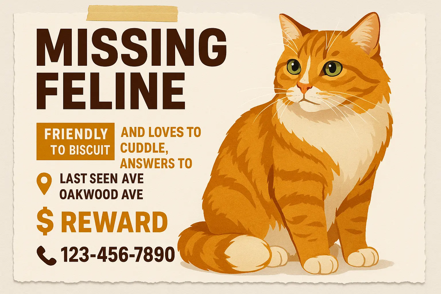 Lost Cat Poster template featuring a gray tabby with amber eyes, bold text, and reward details