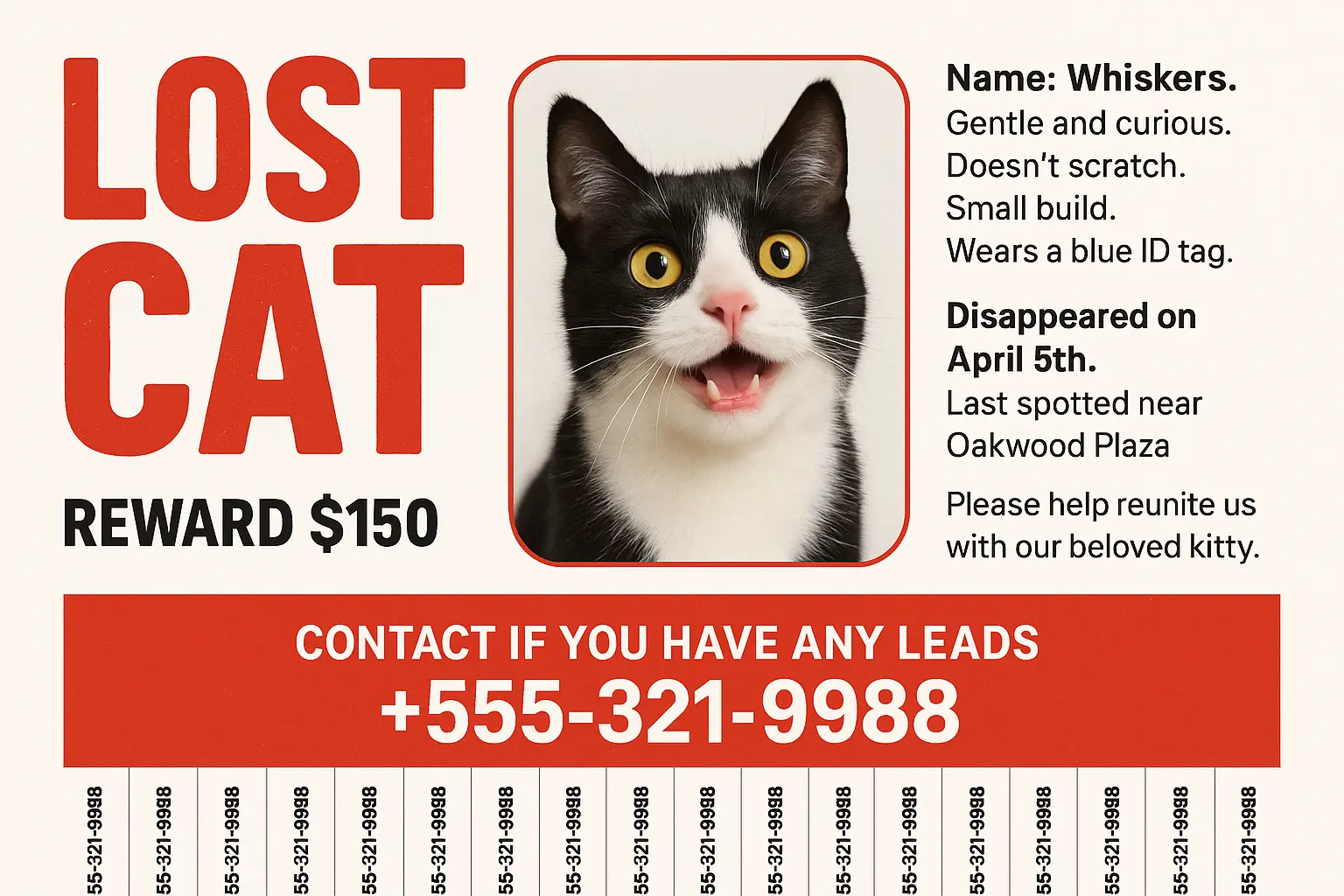 Lost Cat Poster template with red accents and tuxedo cat