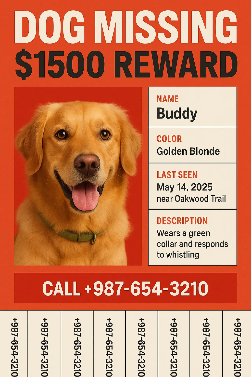 Bold Lost Dog Poster template with red-white layout and golden retriever