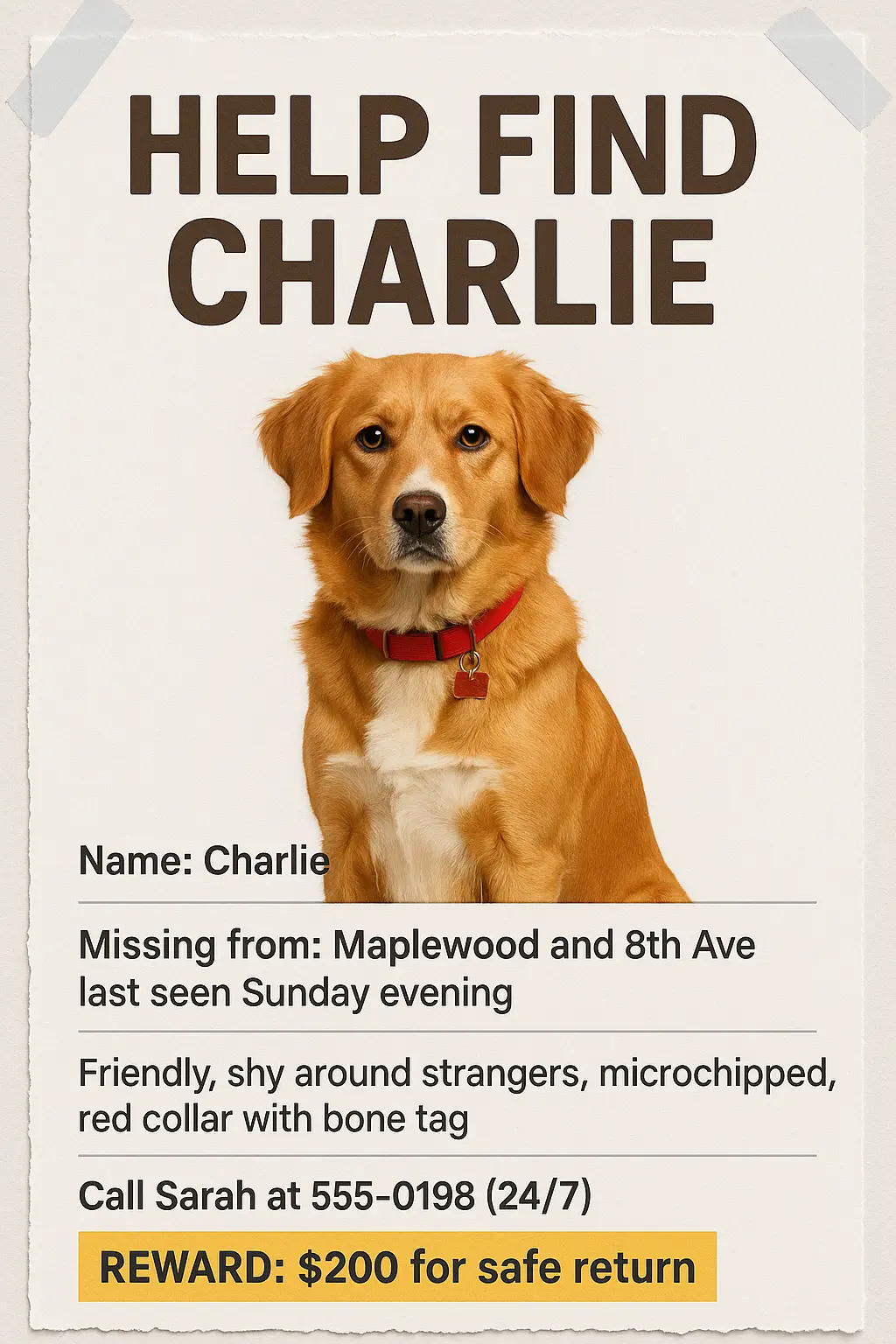 Lost Dog Poster template with golden retriever and urgent reward notice