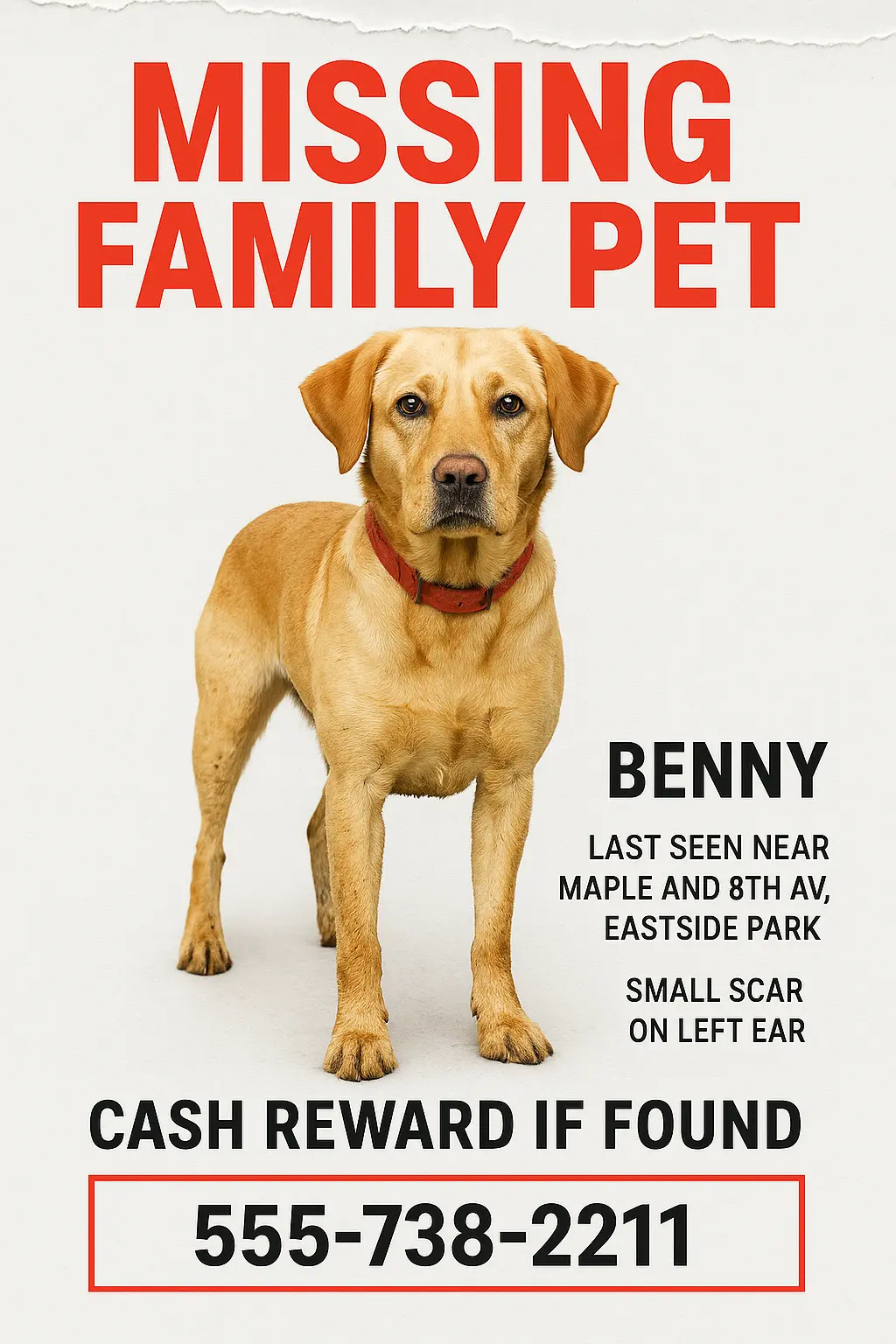 Lost Dog Poster template with golden Labrador and bold red text