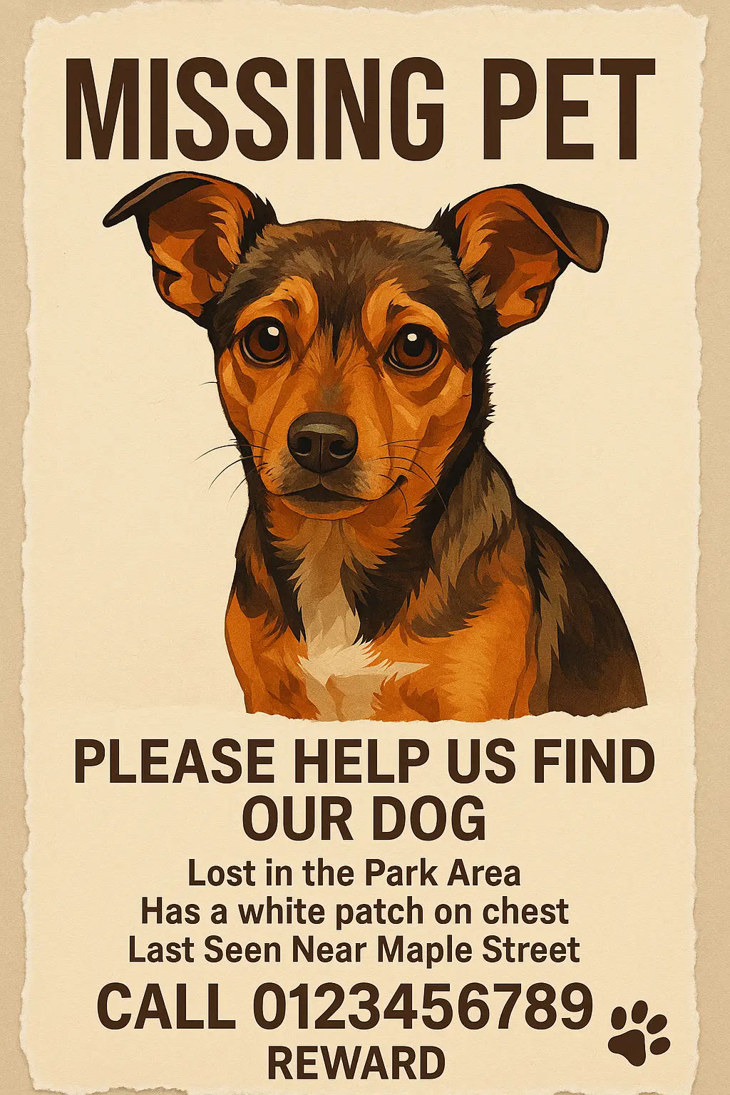 Lost Dog Poster template featuring a small, tan and brown dog with contact details and reward notice