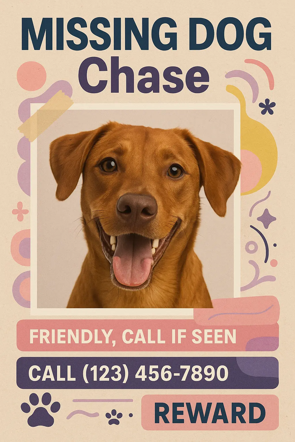 Lost Dog Poster template with brown dog and contact info