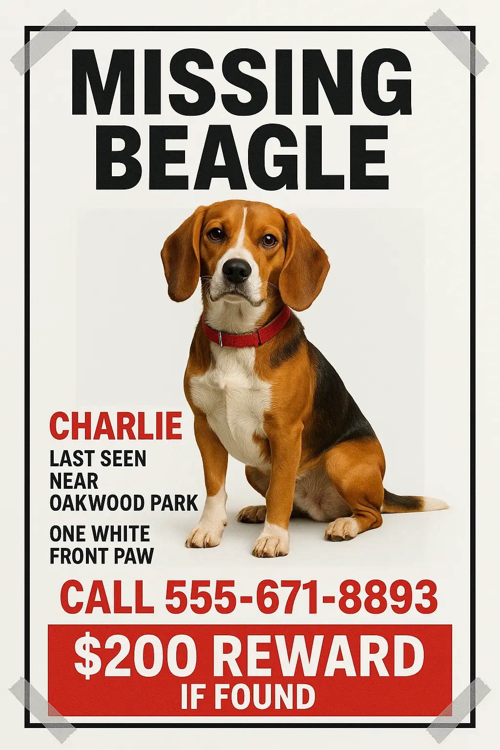 Lost Dog Poster template with beagle, bold text, and reward