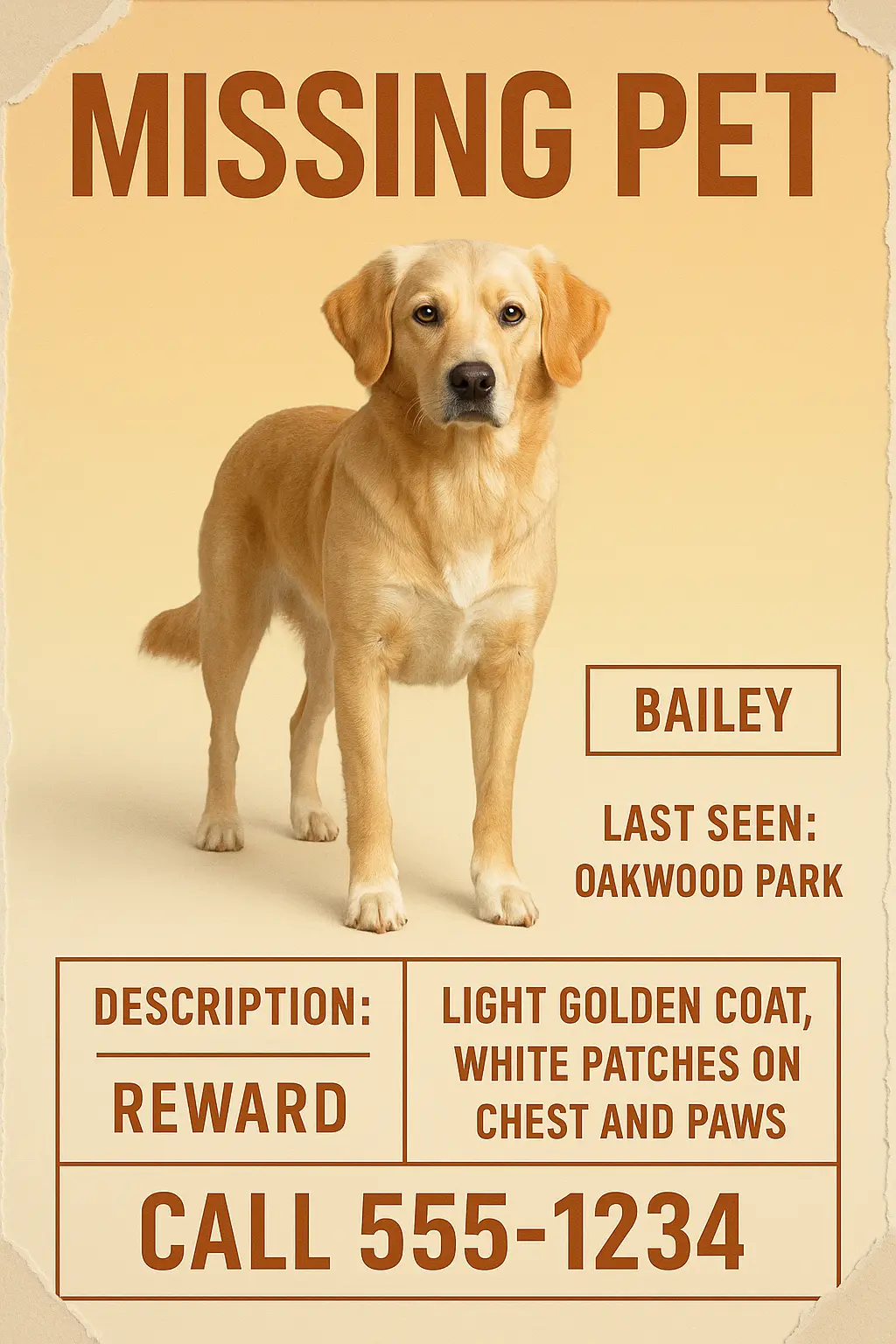 Lost Dog Poster template with a golden retriever and key details