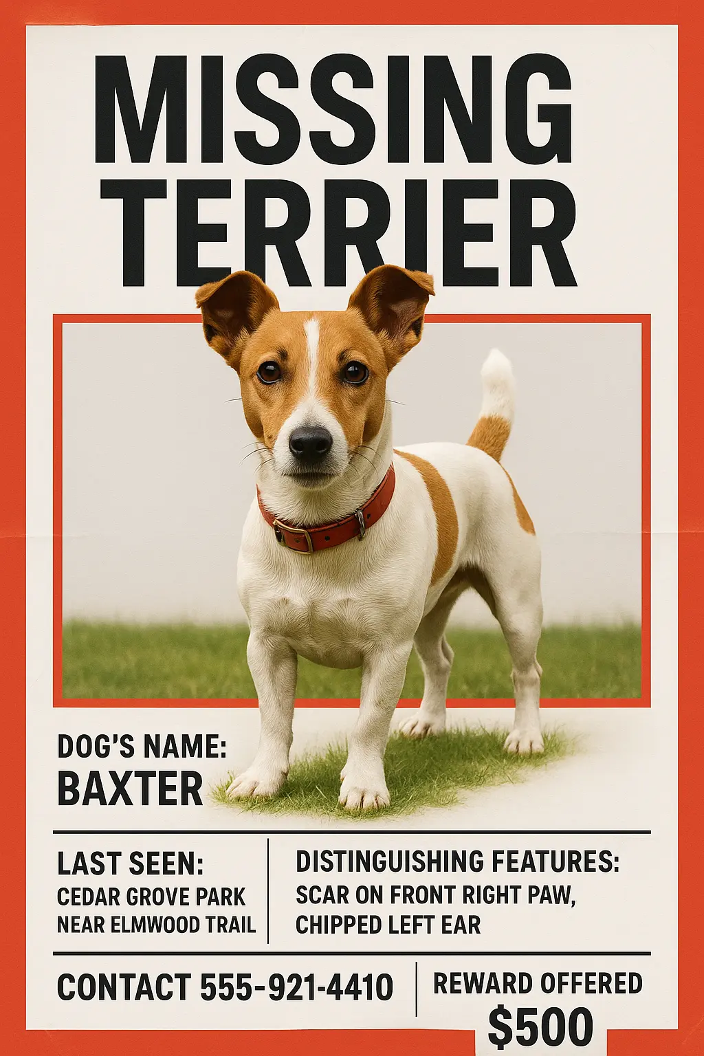 Lost Dog Poster template with Jack Russell Terrier and bold headline