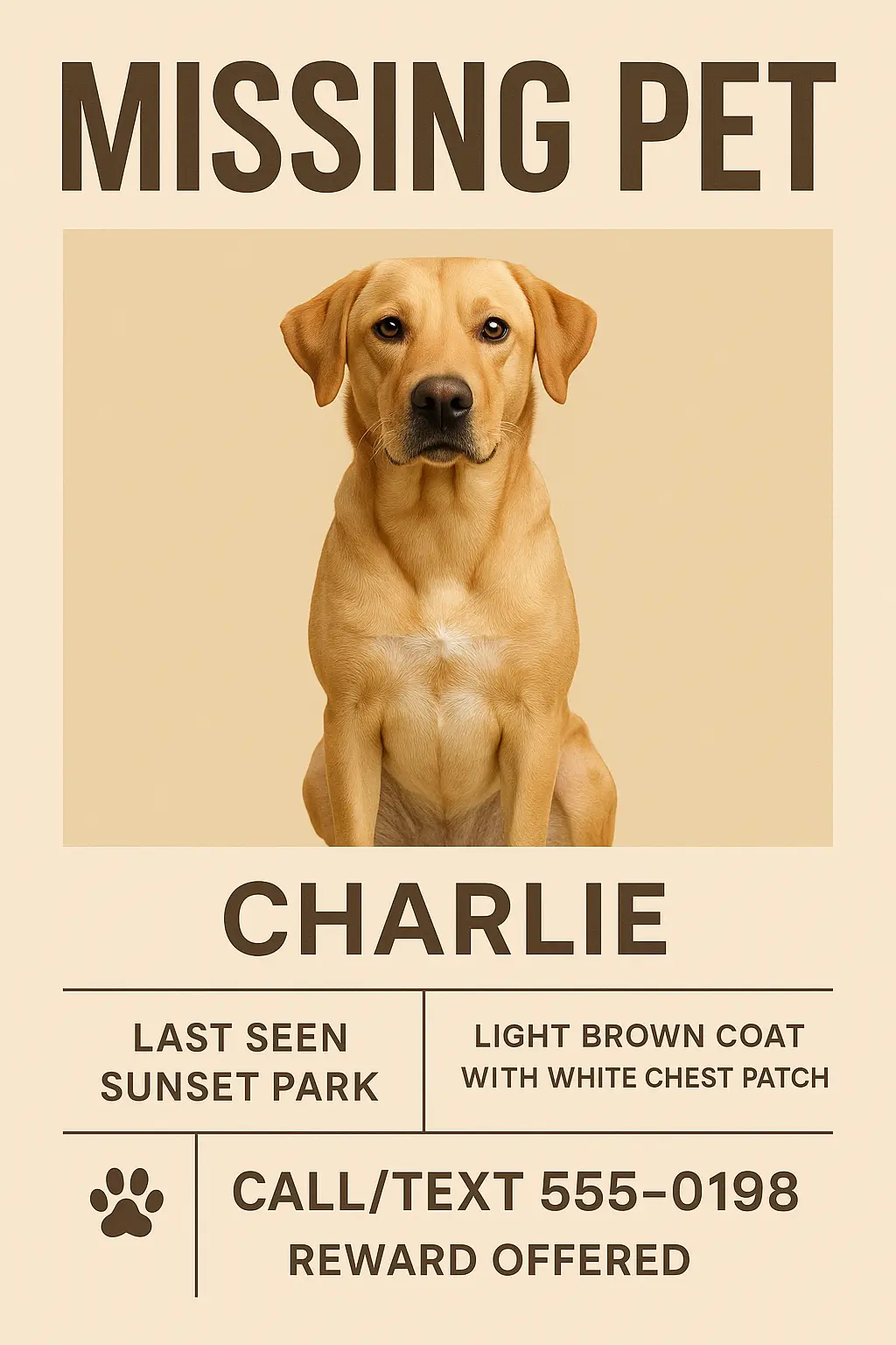 Lost Dog Poster template with missing pet details and photo of Labrador
