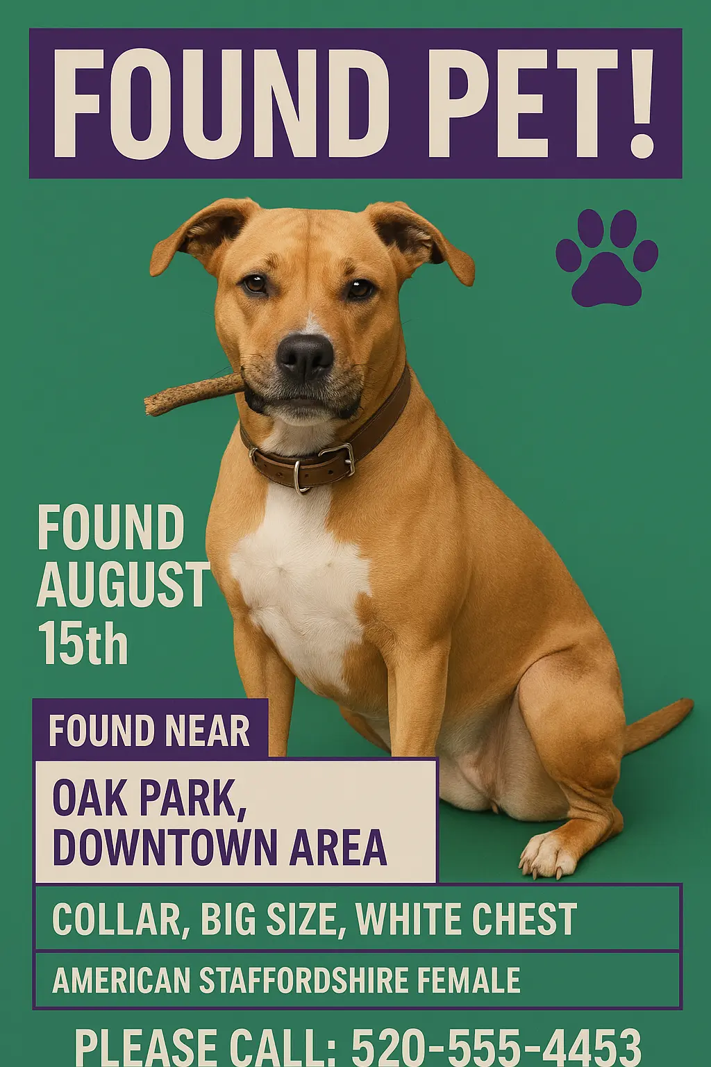 Lost Dog Poster template featuring tan dog with collar and white chest