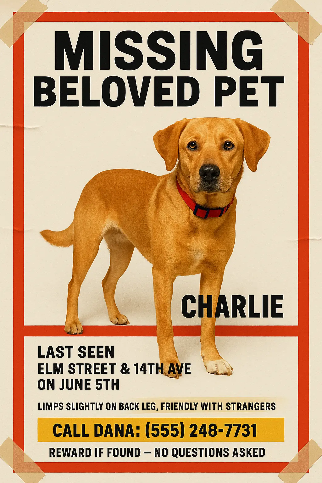 Lost Dog Poster template with tan Labrador and bold layout