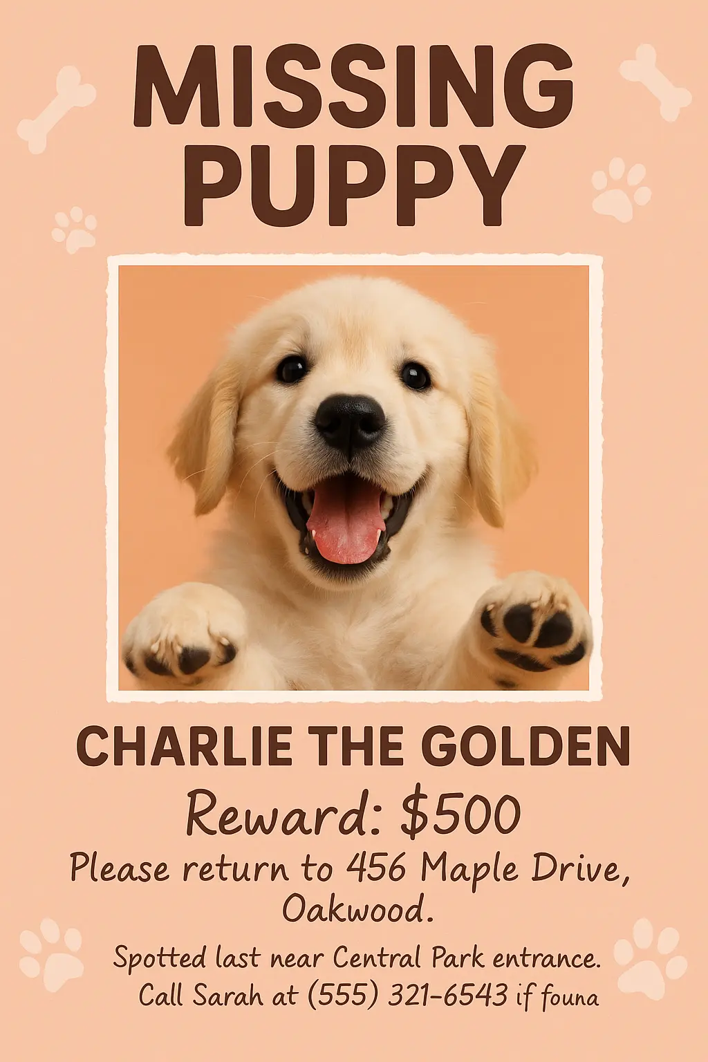 Lost Dog Poster template with golden retriever puppy and peach design