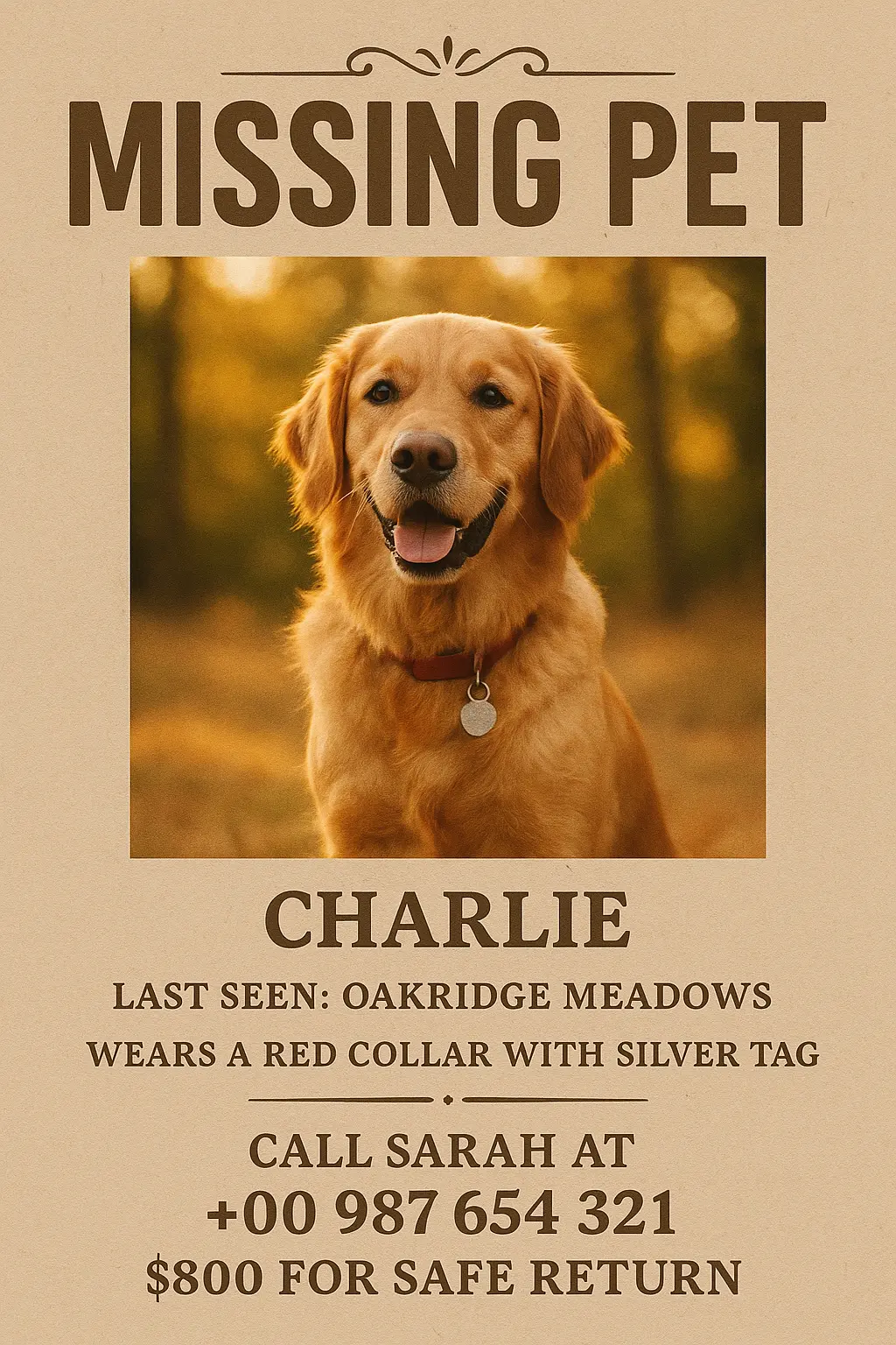 Lost Dog Poster template featuring golden retriever at sunset